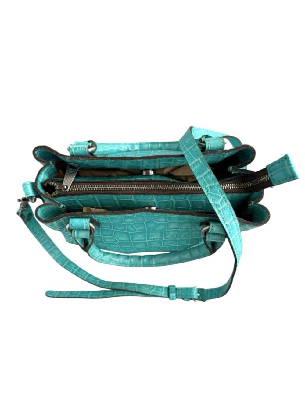 PATRICIA NASH NORCIA Aqua Leather Croc Embossed Handbag Crossbody w/ Coin Purse - Picture 3 of 16
